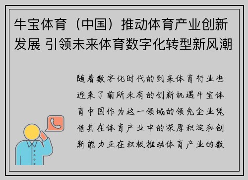 牛宝体育（中国）推动体育产业创新发展 引领未来体育数字化转型新风潮