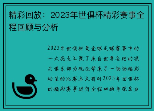 精彩回放：2023年世俱杯精彩赛事全程回顾与分析