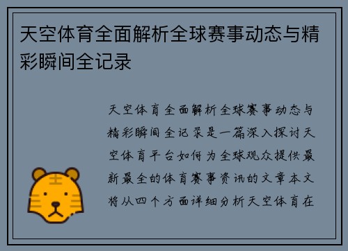 天空体育全面解析全球赛事动态与精彩瞬间全记录