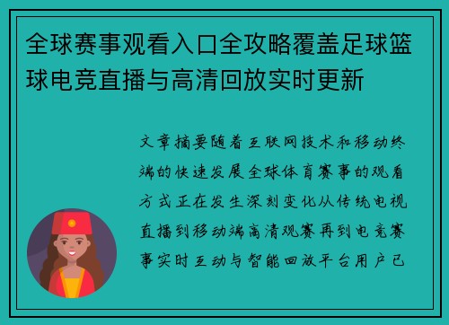 全球赛事观看入口全攻略覆盖足球篮球电竞直播与高清回放实时更新 全球赛事观看入口全攻略覆盖足球篮球电竞直播与高清回放实时更新