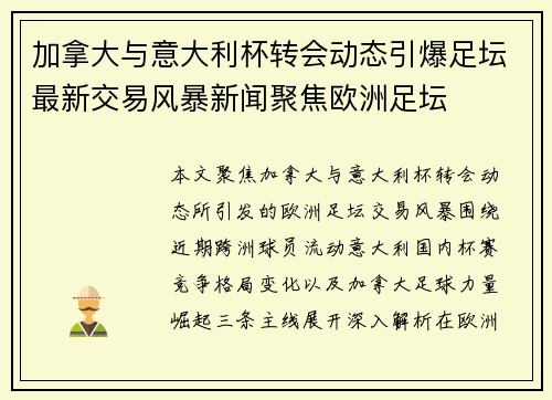 加拿大与意大利杯转会动态引爆足坛最新交易风暴新闻聚焦欧洲足坛