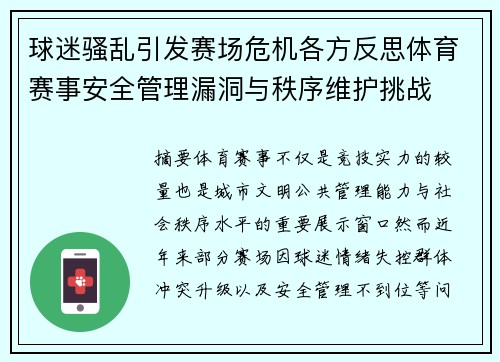 球迷骚乱引发赛场危机各方反思体育赛事安全管理漏洞与秩序维护挑战