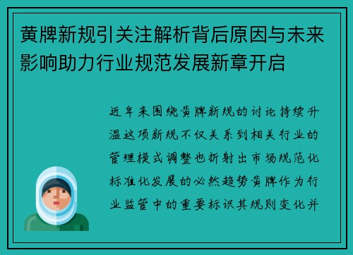 黄牌新规引关注解析背后原因与未来影响助力行业规范发展新章开启